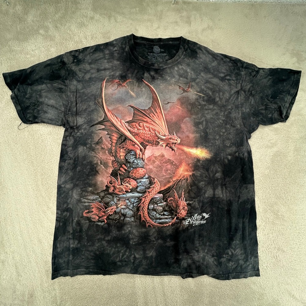 The Mountain Mens Age of Dragons 2XL Black Preowned Tie Dye Graphic T-Shirt